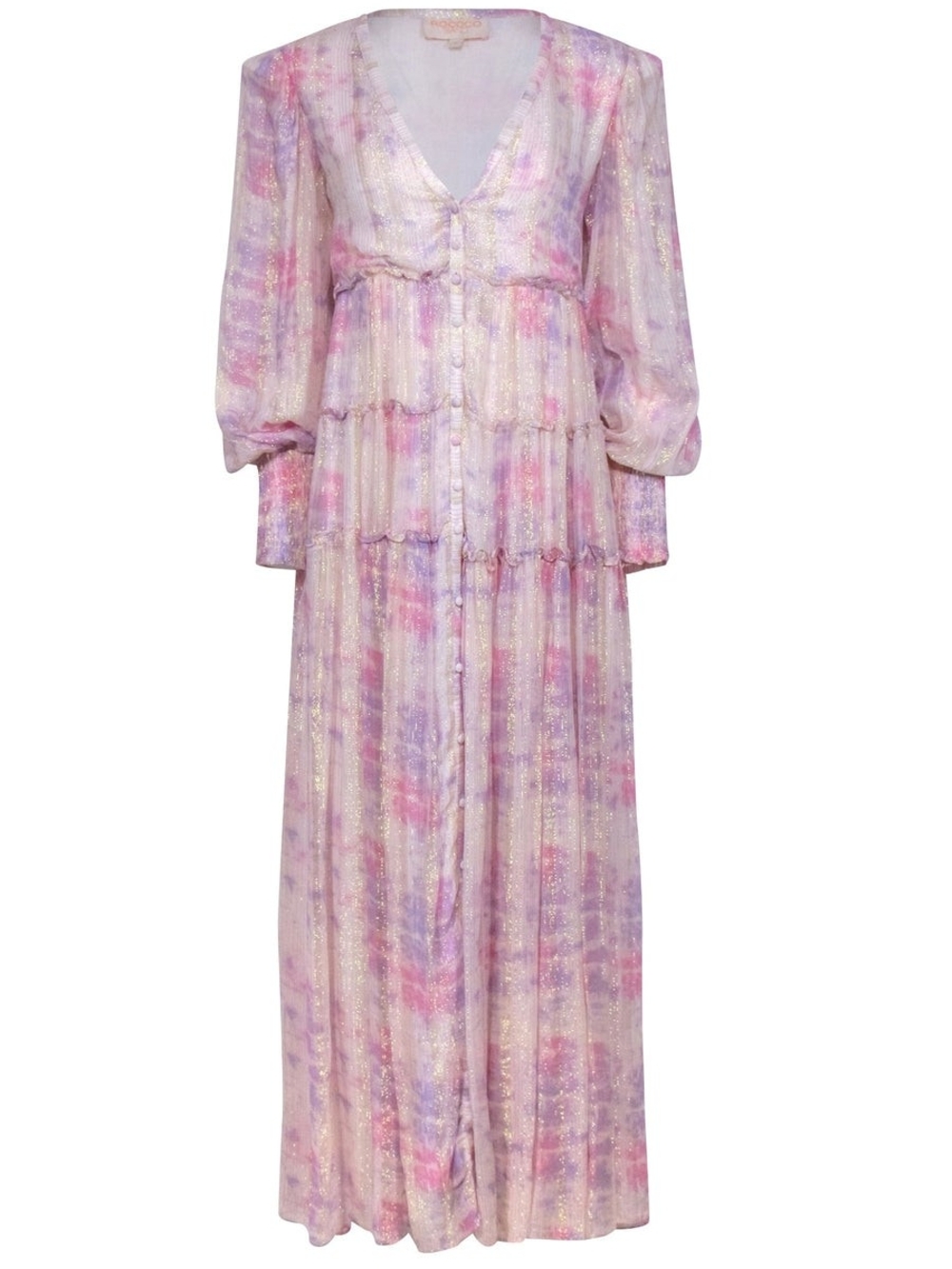 Rococo Sand Lavender & Pink Multi Watercolor Metallic Maxi Dress SZ MED